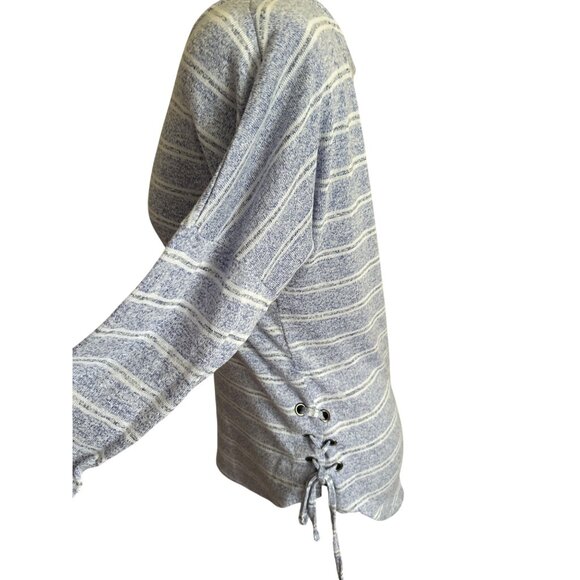 Crochet Womens S Blue Striped Long Sleeve Knit Sweater With Side Tie Accent - Picture 2 of 8
